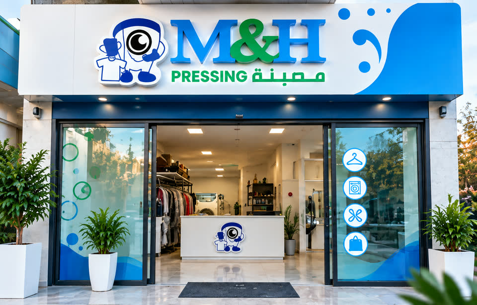 واجهة M&H Pressing بحي فونتي العليا في أكادير: لافتة مضيئة وأبواب مفتوحة على المنضدة ورفّ الملابس.